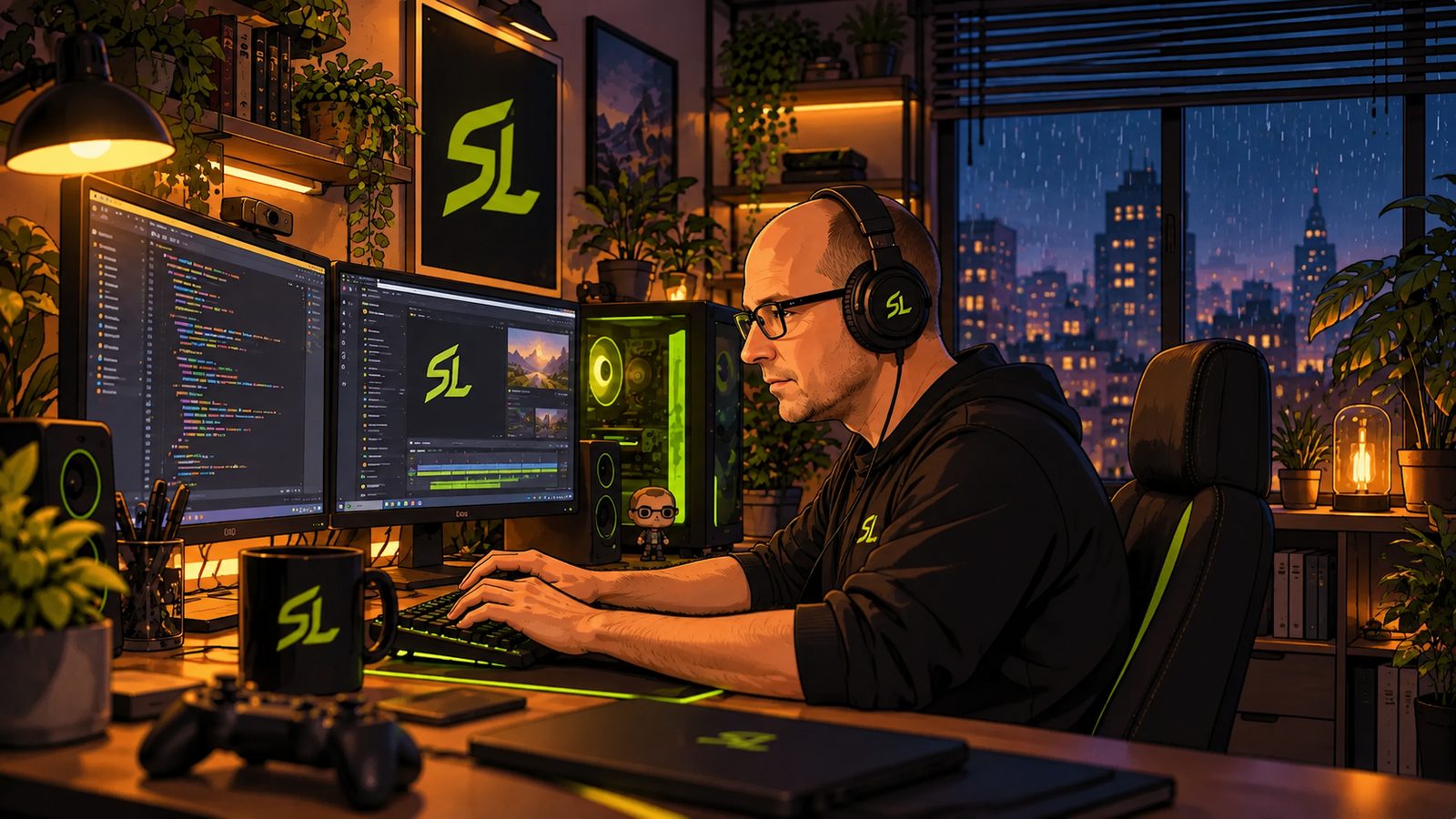 Illustration: Sebastian Lörz mit Headset am Schreibtisch in seinem Arbeitszimmer bei Nacht, Monitore mit Code und SL-Logo, draußen regnerische Skyline